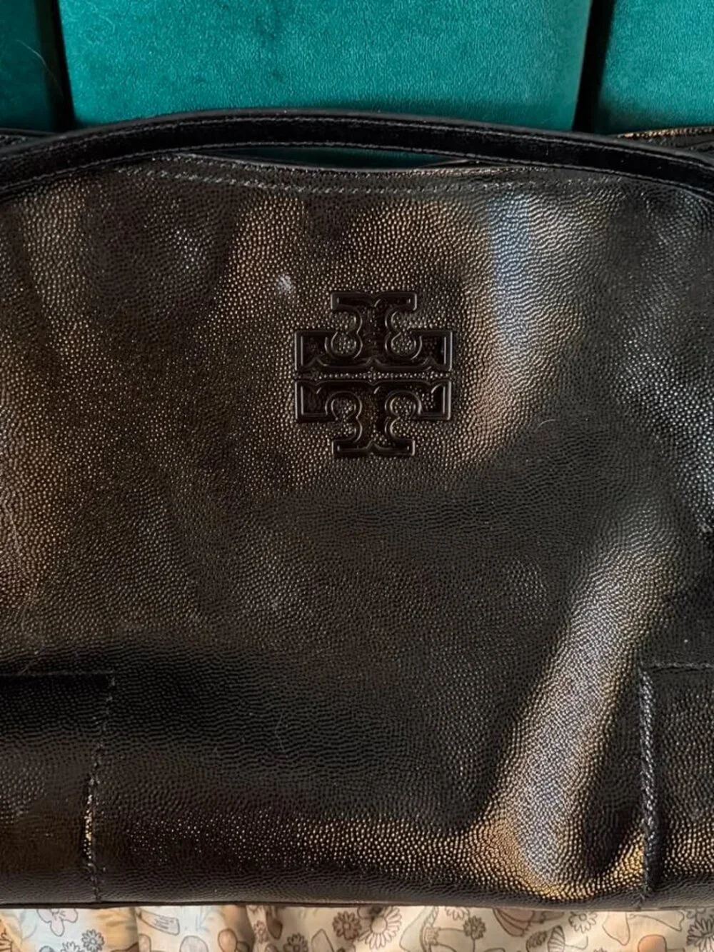 Tory Burch Black Patent Leather Chain Link Tote Gold Hardware